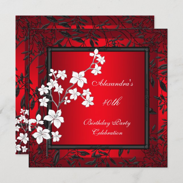 40th Birthday Asian Red Black Floral Silver White Invitation (Front/Back)