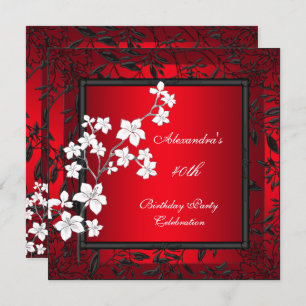 40th Birthday Asian Red Black Floral Silver White Invitation