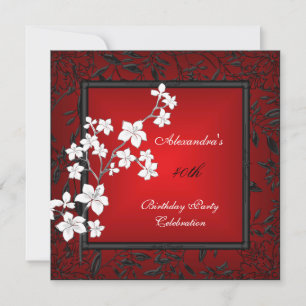 40th Birthday Asian Red Black Floral Silver White Invitation