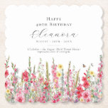 40th Birthday August Birth Month Flower Custom Paper Coaster<br><div class="desc">Perfect table decor for an August birthday party. Pink gladiolus is the birth flower for that month. It forms a pretty watercolor bottom border on this floral personalised coaster. The birthday guest of honour's name, age and birthdate are placed above it using elegant calligraphy and typography. All text is editable....</div>