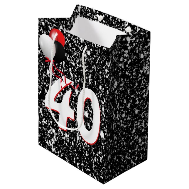 40th Birthday Balloons on Black Glitter Medium Gift Bag (Front Angled)