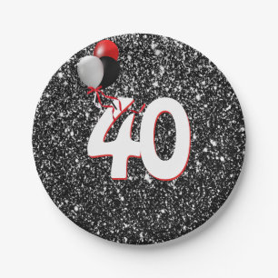 40th Birthday Balloons on Black Glitter Paper Plate