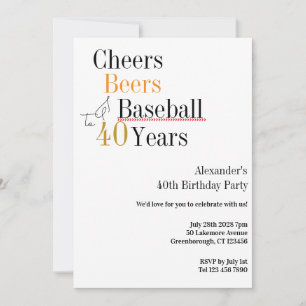 40th Birthday Baseball Cheers Beers Minimal Party Invitation