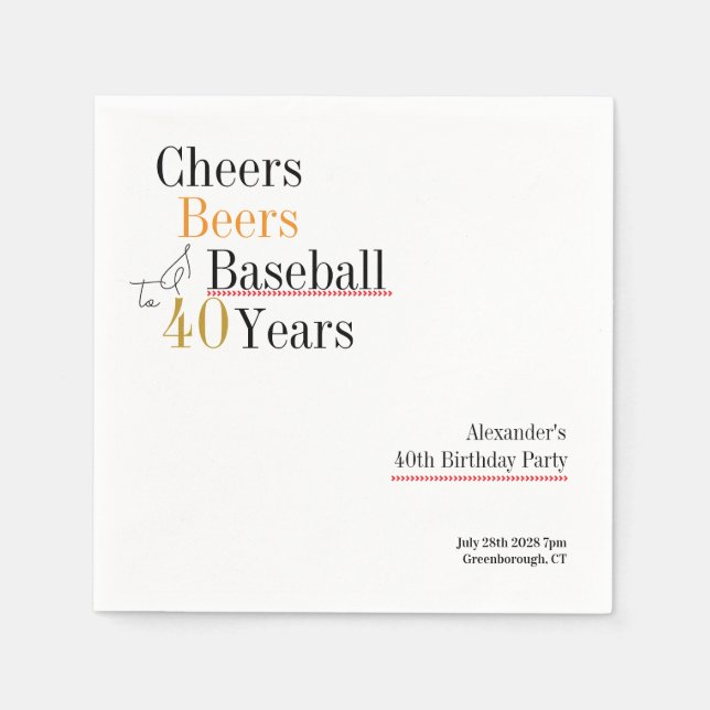 40th Birthday Baseball Cheers Beers Minimal Party Napkin (Front)