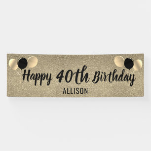 40th Birthday Black and Gold Glitter Personalised Banner