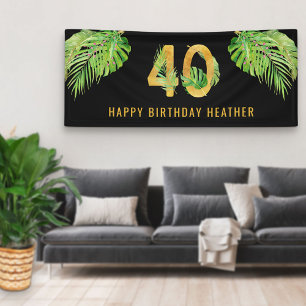 40th Birthday Black and Gold Tropical Leaves Party Banner