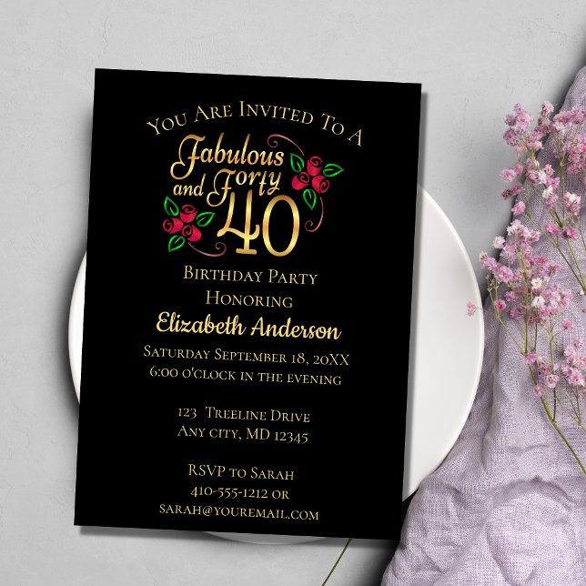 40th Birthday Black and Gold with Roses Invitation (Creator Uploaded)
