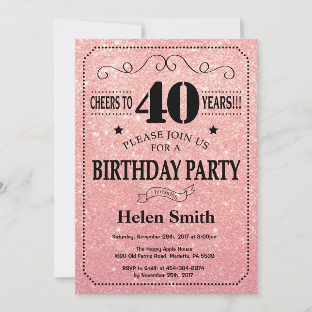 40th Birthday Black and Pink Rose Gold Glitter Invitation (Front)