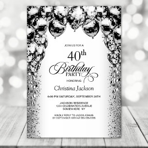 40th Birthday Black and White Balloons Party Invitation