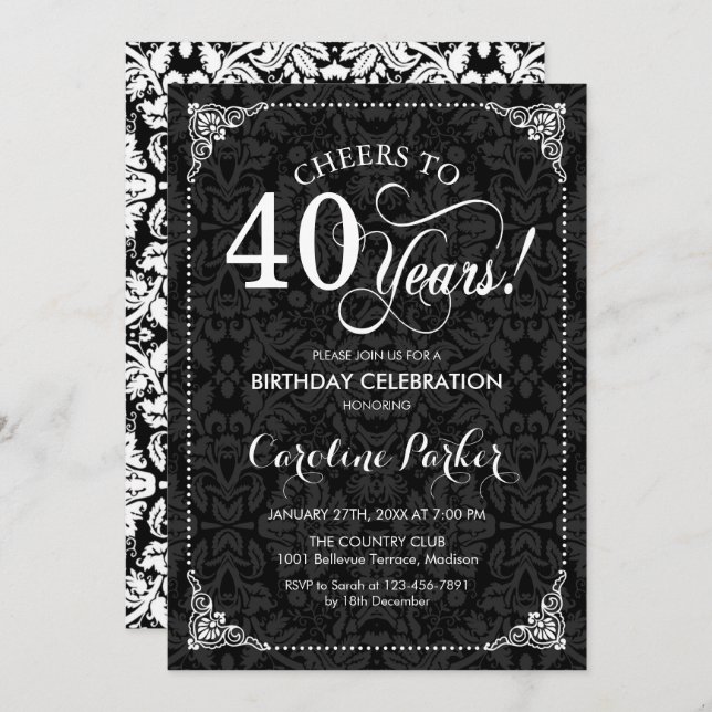 40th Birthday - Black and White Damask Invitation (Front/Back)