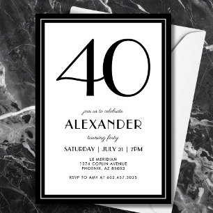 40th Birthday Black and White Modern Minimalist  Invitation