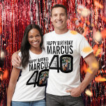 40th birthday black custom now then photo name T-Shirt<br><div class="desc">40th birthday mono, 40 custom two photos, and name t-shirt. Fun 40th personalised photo black and white birthday tee design. Personalise this birthday shirt with a two photographs of the birthday boy or girl in the middle of the numbers 4 and 0. A great idea for adding some fun to...</div>