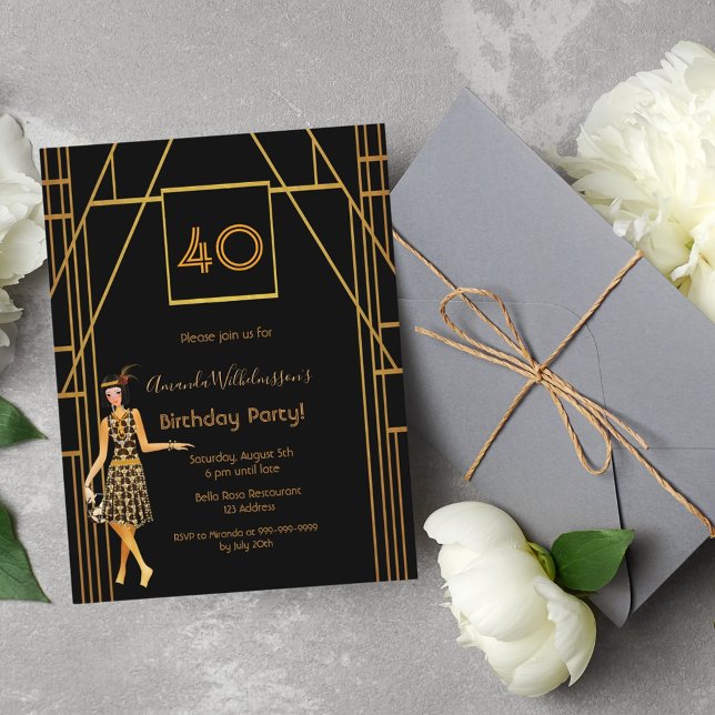 40th birthday black gold art deco style invitation postcard (Creator Uploaded)