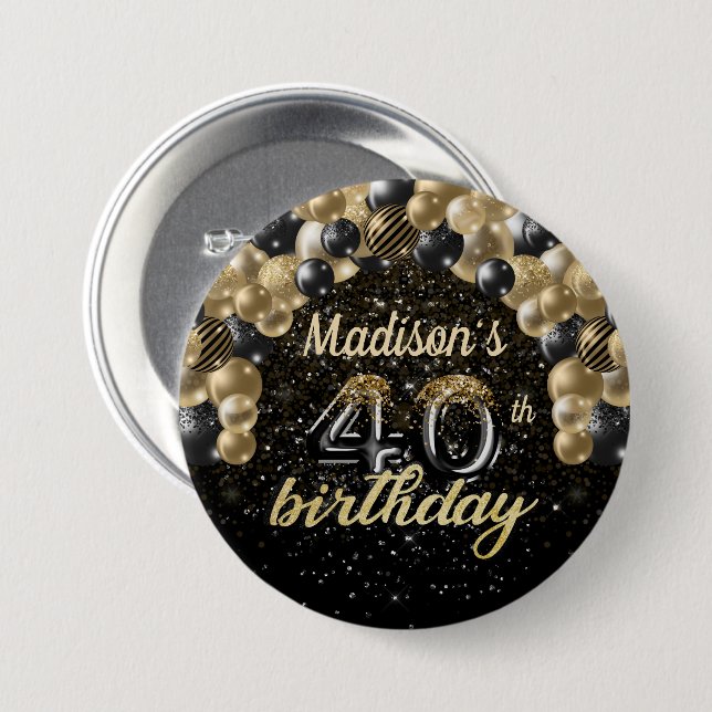 40th Birthday Black Gold Balloon Glitter Button (Front & Back)
