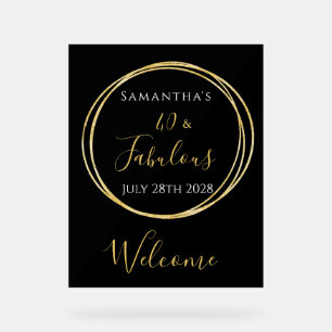 40th Birthday Black Gold Birthday Party Welcome Acrylic Sign