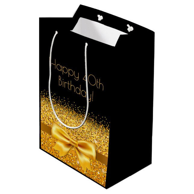 40th birthday black gold bow sparkle medium gift bag (Back Angled)