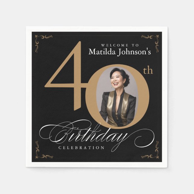40th Birthday Black Gold Calligraphy Custom Photo Napkin (Front)