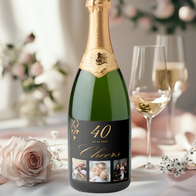 40th birthday black gold cheers photo sparkling wine label (Creator Uploaded)