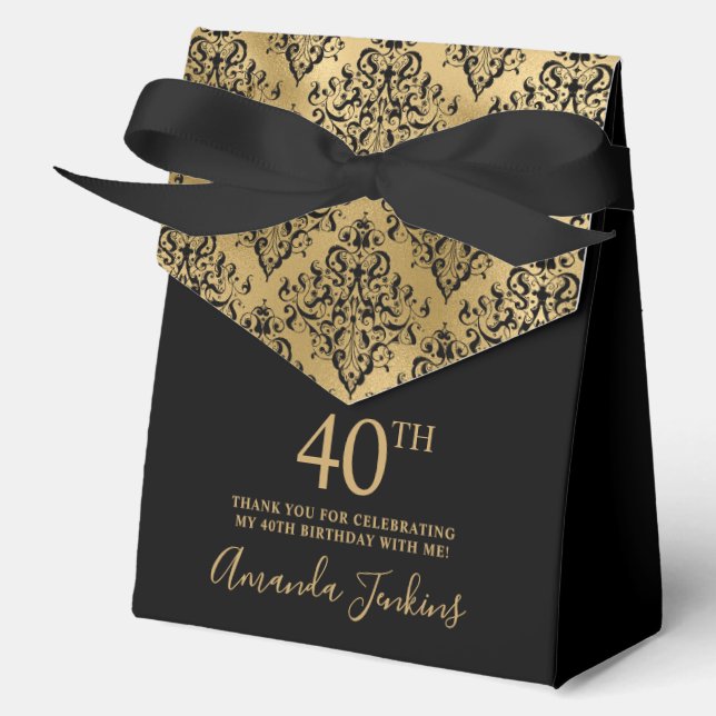 40th Birthday Black Gold Damask Thank You  Favour Box (Front)