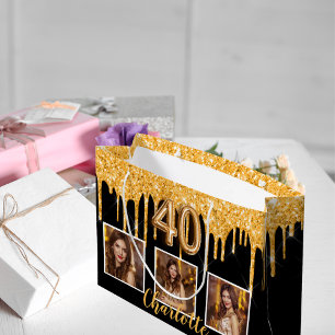 40th birthday black gold drips photo large gift bag
