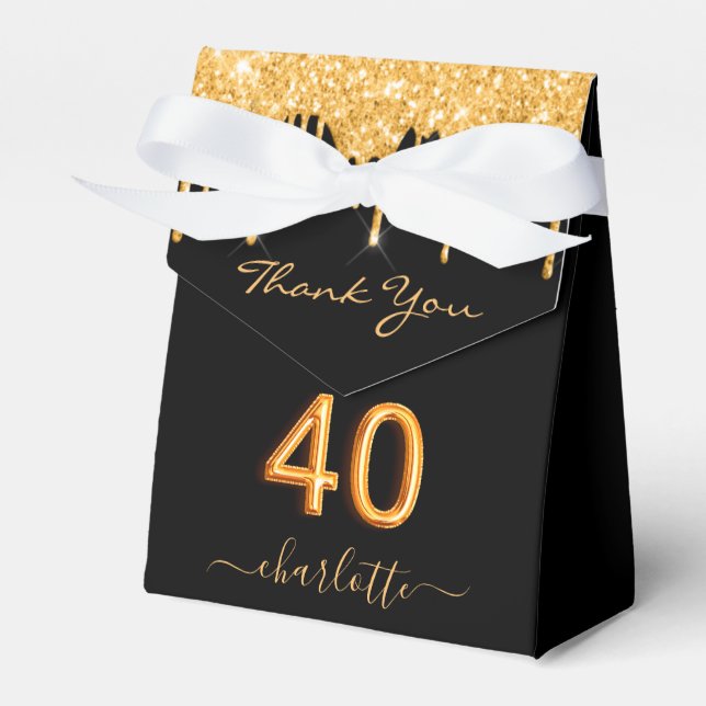 40th birthday black gold glitter drips bow favour box (Front Side)