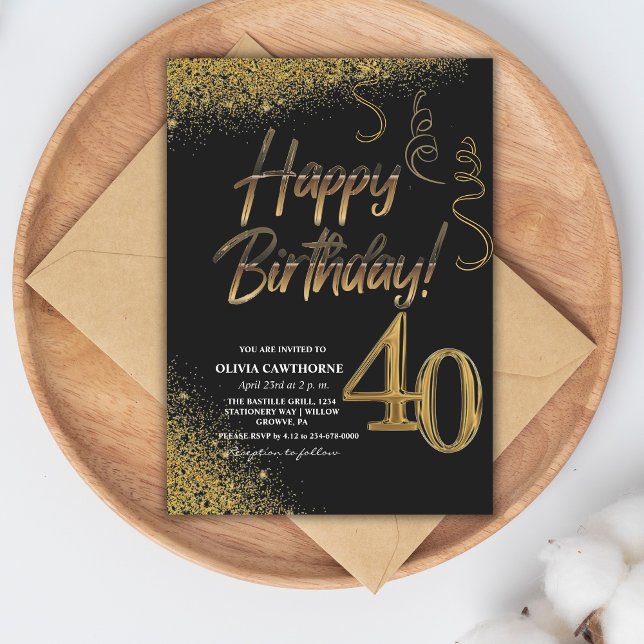 40th Birthday Black & Gold Glitter Modern   Invitation (Creator Uploaded)