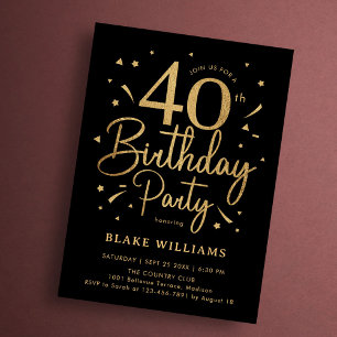 40th Birthday Black Gold Invitation
