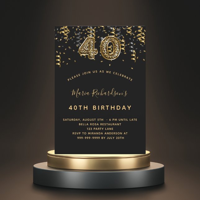 40th birthday black gold leopard pattern invitation (Creator Uploaded)
