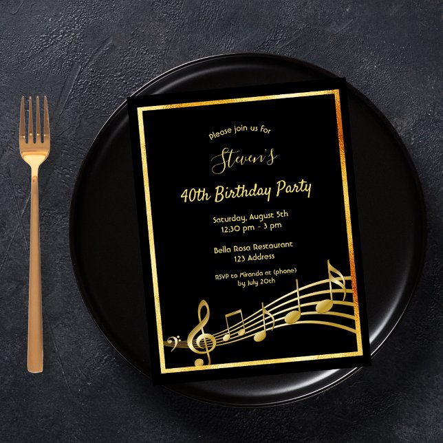 40th birthday black gold music notes invitation postcard (Creator Uploaded)