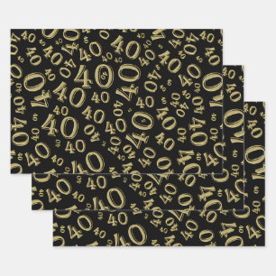 40th Birthday Black/Gold Random Number Pattern 40 Wrapping Paper Sheet
