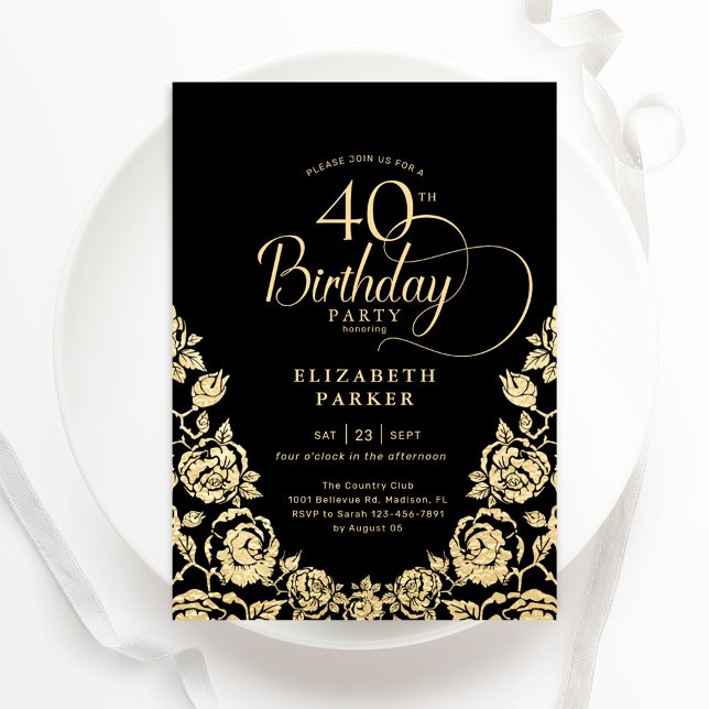 40th Birthday Black Gold Roses Invitation (Creator Uploaded)