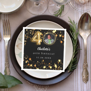 40th birthday black gold stars photo napkin