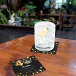 40th birthday black gold stars photo square paper coaster<br><div class="desc">Black background,  decorated with golden stars. Personalise and add a photo,  name,  age,  date.</div>