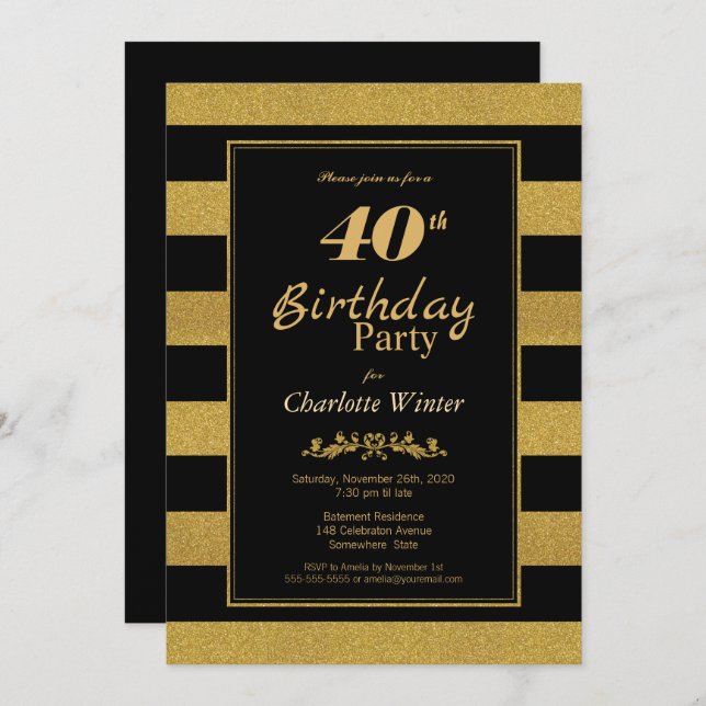 40th Birthday Black Gold Striped Party Invitation (Front/Back)