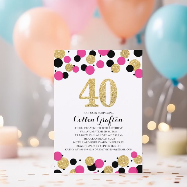 40th Birthday Black Hot Pink Gold Glitter Confetti Invitation (Creator Uploaded)