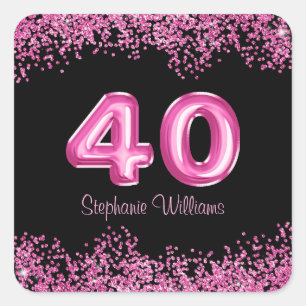 40th Birthday Black, Pink Balloons   Faux Glitter Square Sticker