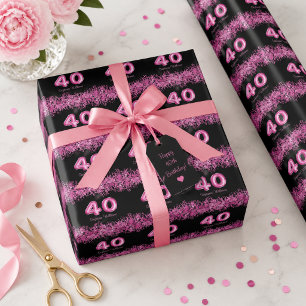 40th Birthday Black, Pink Balloons Faux Glitter Wrapping Paper