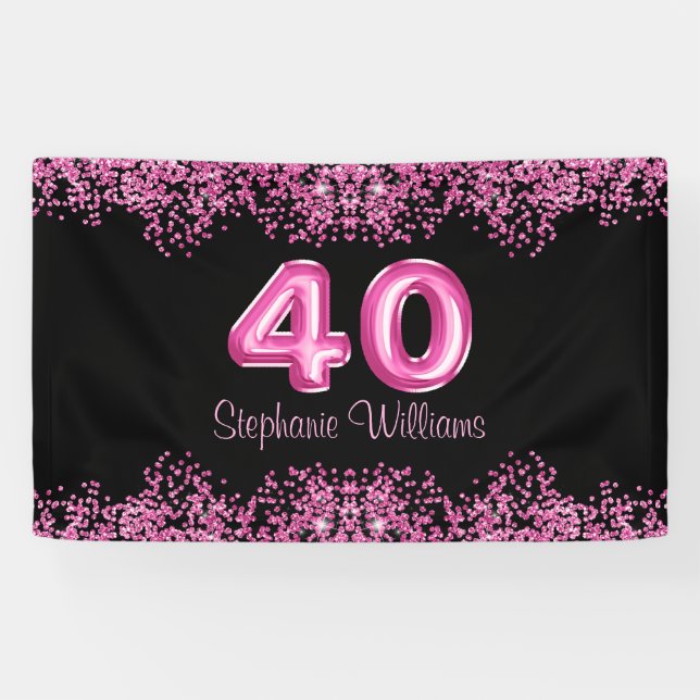 40th Birthday Black Pink Balloons Glitter Party  Banner (Horizontal)