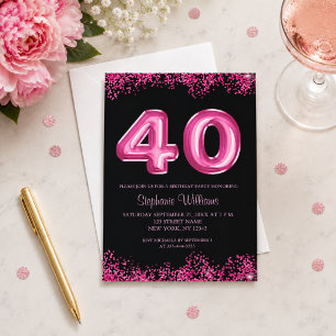 40th Birthday Black Pink Balloons Glitter Party Invitation