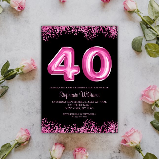 40th Birthday Black Pink Balloons Glitter Party Invitation (Creator Uploaded)