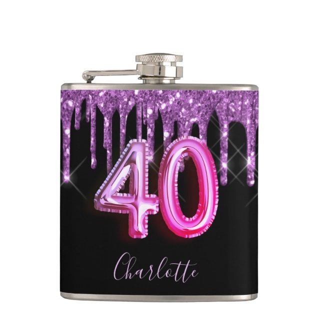 40th birthday black purple glitter script friends hip flask (Front)