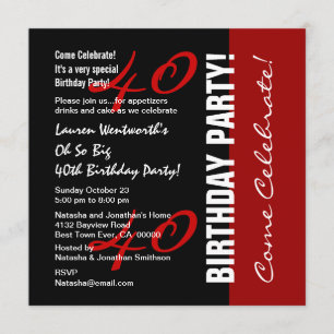 40th Birthday Black Red White Elegant Script Invitation