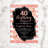 40th Birthday Black Rose Gold and White Stripes