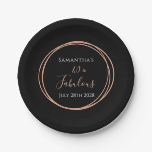 40th Birthday Black Rose Gold Birthday Party Paper Plate