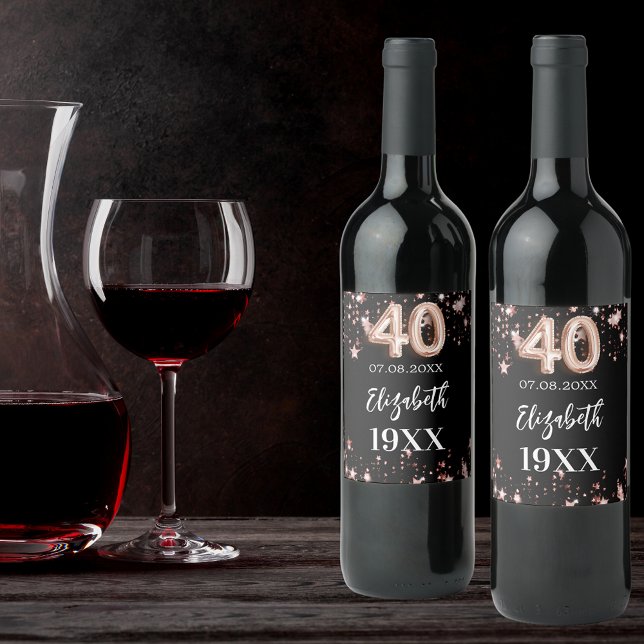 40th Birthday black rose gold stars Wine Label (Creator Uploaded)