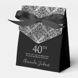 40th Birthday Black Silver Damask Thank You Favour Box