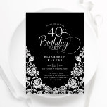 40th Birthday Black Silver Roses Invitation<br><div class="desc">Black silver elegant 40th birthday party invitation. Classy design featuring roses,  faux silver foil and typography script font. Trendy invite card perfect for a stylish female bday celebration. Personalise with your own details. Can be customised to any age. Printed Zazzle invitations or instant download digital printable template.</div>