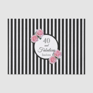 40th birthday black stripes pink florals name tissue paper