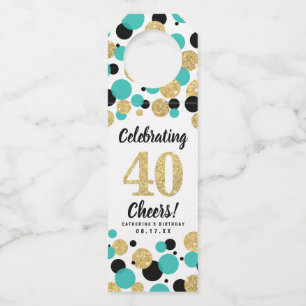 40th Birthday Black Teal Gold Glitter Confetti Bottle Tag