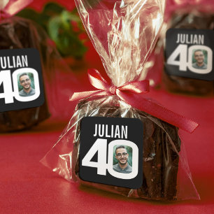40th birthday black white custom photo name favor square sticker
